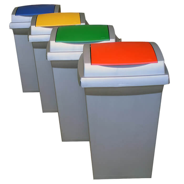 Plastové koše na tříděný odpad 50 l s výkyvným víkem Plastové koše na tříděný odpad 50 l s výkyvným víkem – barevné provedení